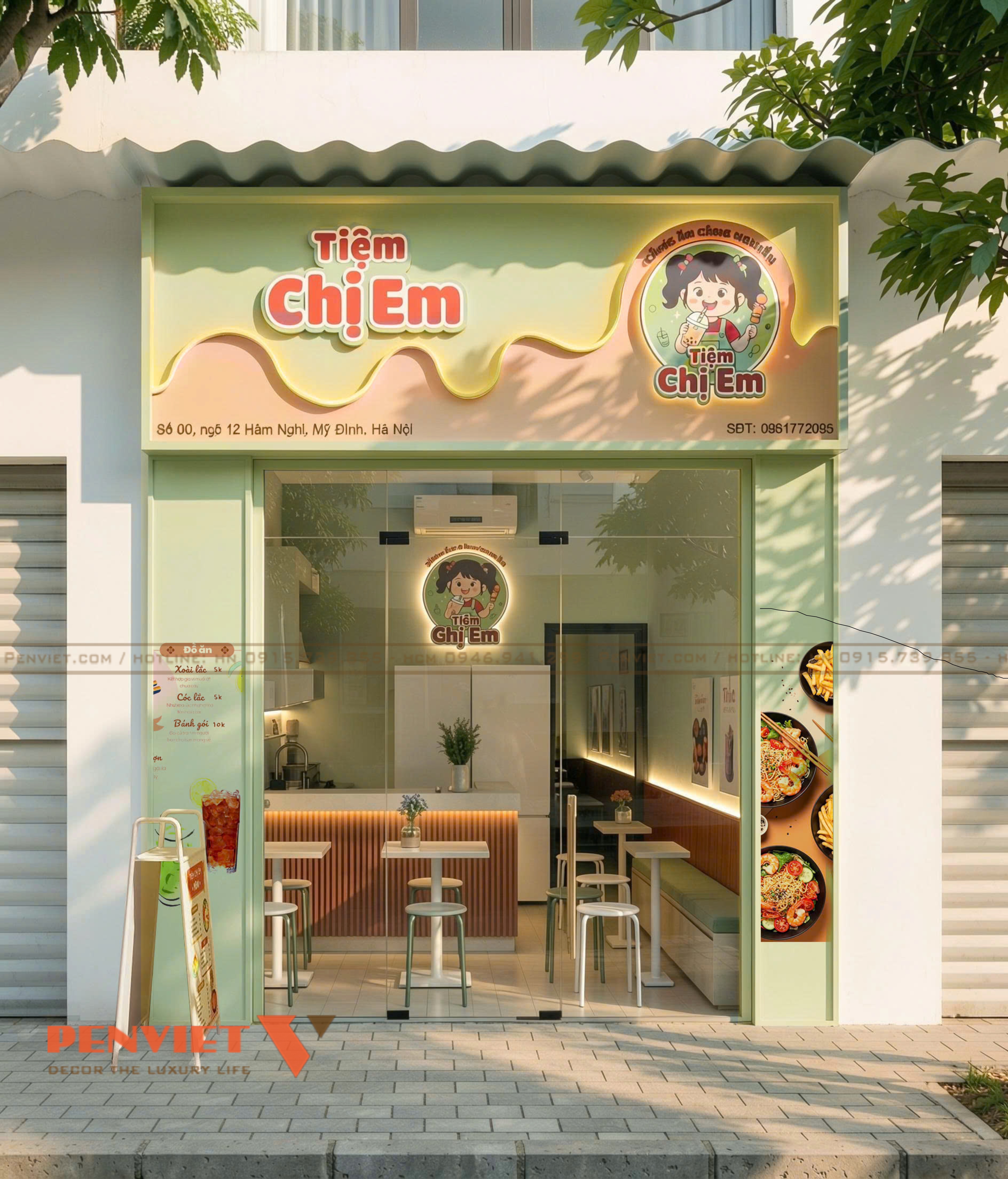 Thiết kế mặt tiền và biển hiệu quán trà sữa Tiệm Chị Em tại Mỹ Đình.